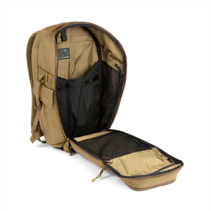 20L Transport Backpack (Coyote Brown) with open compartment showing Coyote interior on a white background / Coyote Brown