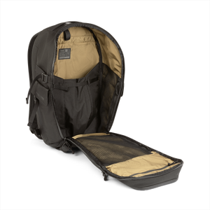 20L Transport Backpack (Covert Black) with open compartment showing Coyote interior on a white background / Covert Black