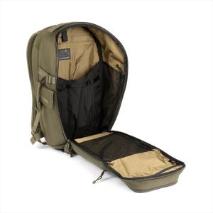 20L Transport Backpack (Olive Drab) with open compartment showing Coyote interior on a white background / Olive Drab