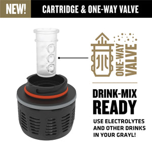 The GeoPress Filter and Purifier Cartridge is equipped with a one-way valve suitable for adding drink-mixes and electrolytes to your Grayl. / Covert Black / Olive Drab / Coyote Brown