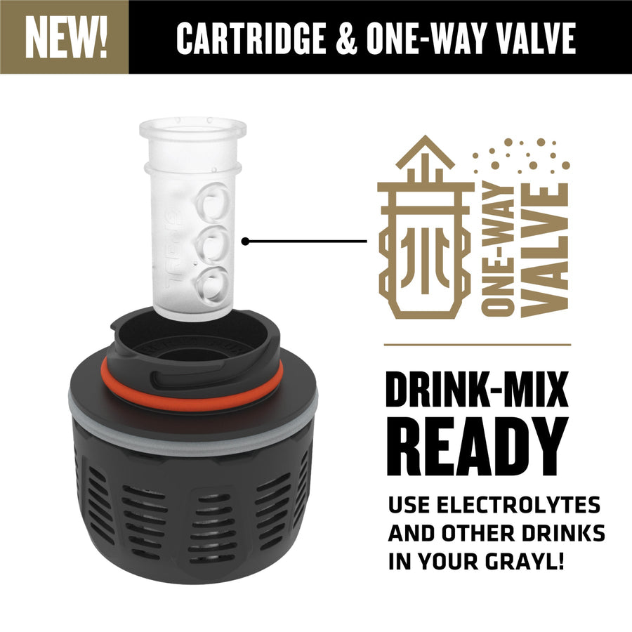 The GeoPress Filter and Purifier Cartridge is equipped with a one-way valve suitable for adding drink-mixes and electrolytes to your Grayl. / Covert Black / Olive Drab / Coyote Brown