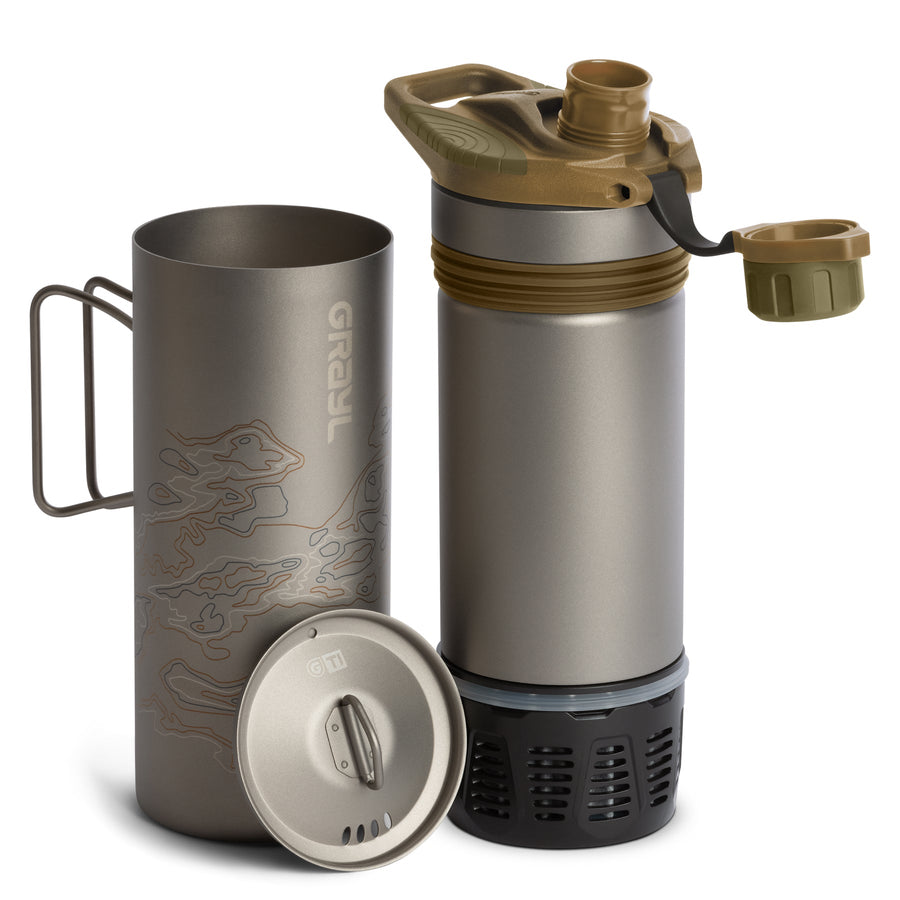 Grayl GeoPress Titanium Filter and Purifier Water Bottle PLUS Strainer Lid – 24 Fluid Ounces / Separated View / Plus Cook Lid / Coyote Brown