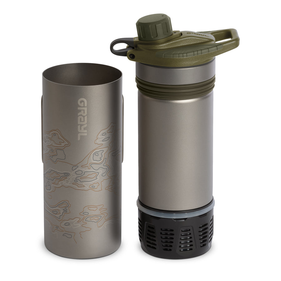 Grayl GeoPress Titanium Filter and Purifier Water Bottle – 24 Fluid Ounces / Separated View / Standard / Olive Drab