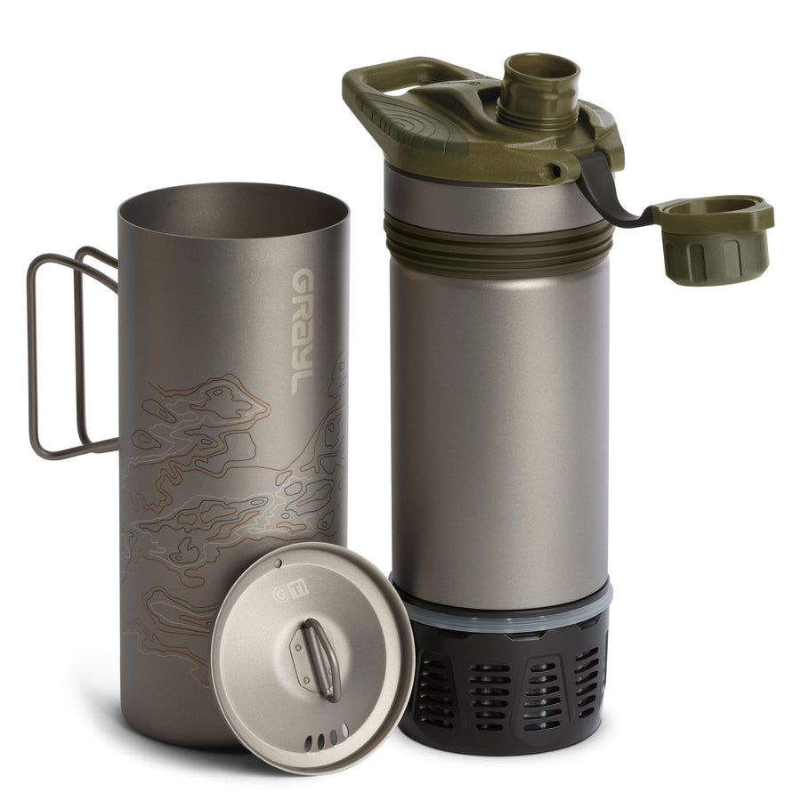 Grayl GeoPress Titanium Filter and Purifier Water Bottle PLUS Strainer Lid – 24 Fluid Ounces / Separated View / Plus Cook Lid / Olive Drab