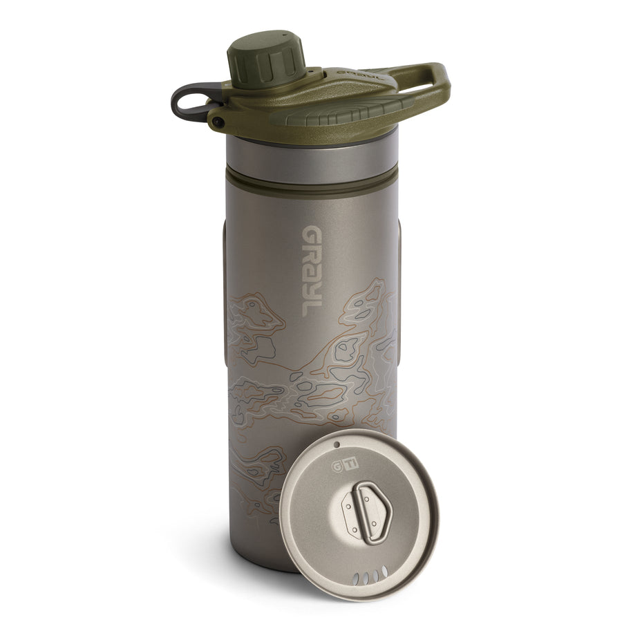 Grayl GeoPress Titanium Filter and Purifier Water Bottle PLUS Strainer Lid – 24 Fluid Ounces / Cart View / Plus Cook Lid / Olive Drab